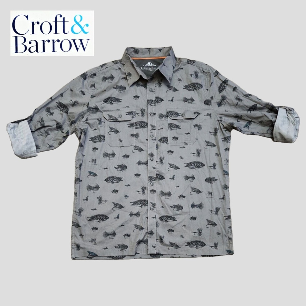 Men's Croft&Barrow Shirt Quick Dry Fly Fishing Print | Color: Gray | Sz: XL